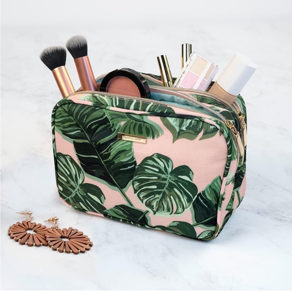 Green and Pink Travel Bags with Tropical Leaf Print - Picture 2 of 3